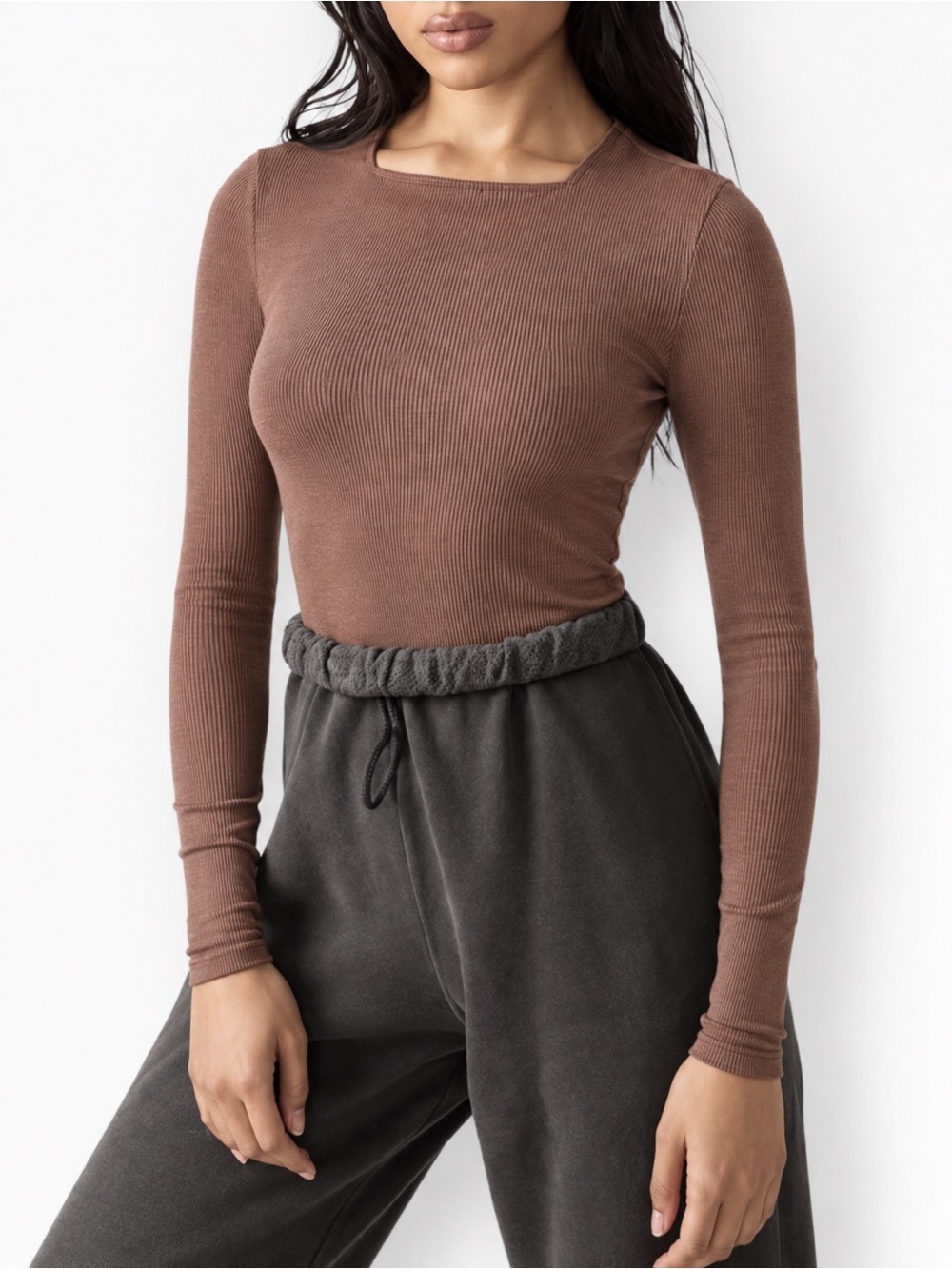 ♡ Joah Brown High Square Neck Long Sleeve Reddish Brown